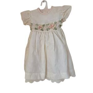 Youngsport Vintage Baby Girl Dress 3T Cream Lace Floral Ribbon Made in USA
